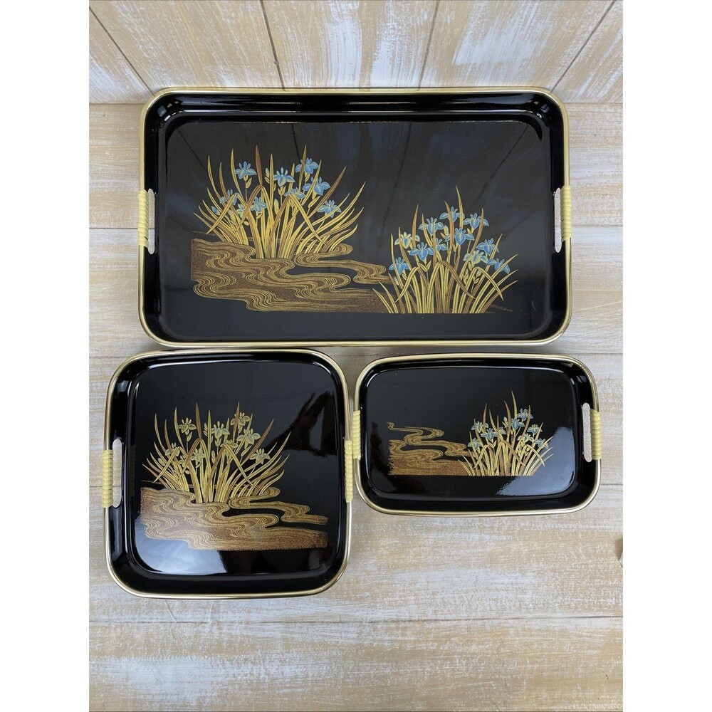 Vintage 3 Pc Nesting Serving Tray Set Lacquerware Iris Black & Gold Toyo Japan